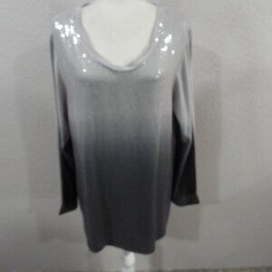 Tempo Paris Women's Long Sleeve Scoop Neck Gray Ombre Sequined Top Size Large